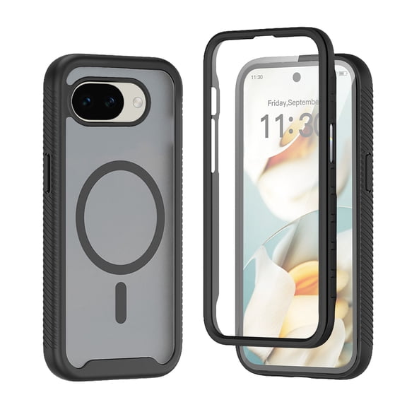 Magnetic Case for Google Pixel 10a Built-in Screen Protector, Compatible with MagSafe Full Body Shockproof Protective Translucent Matte Cover, Black