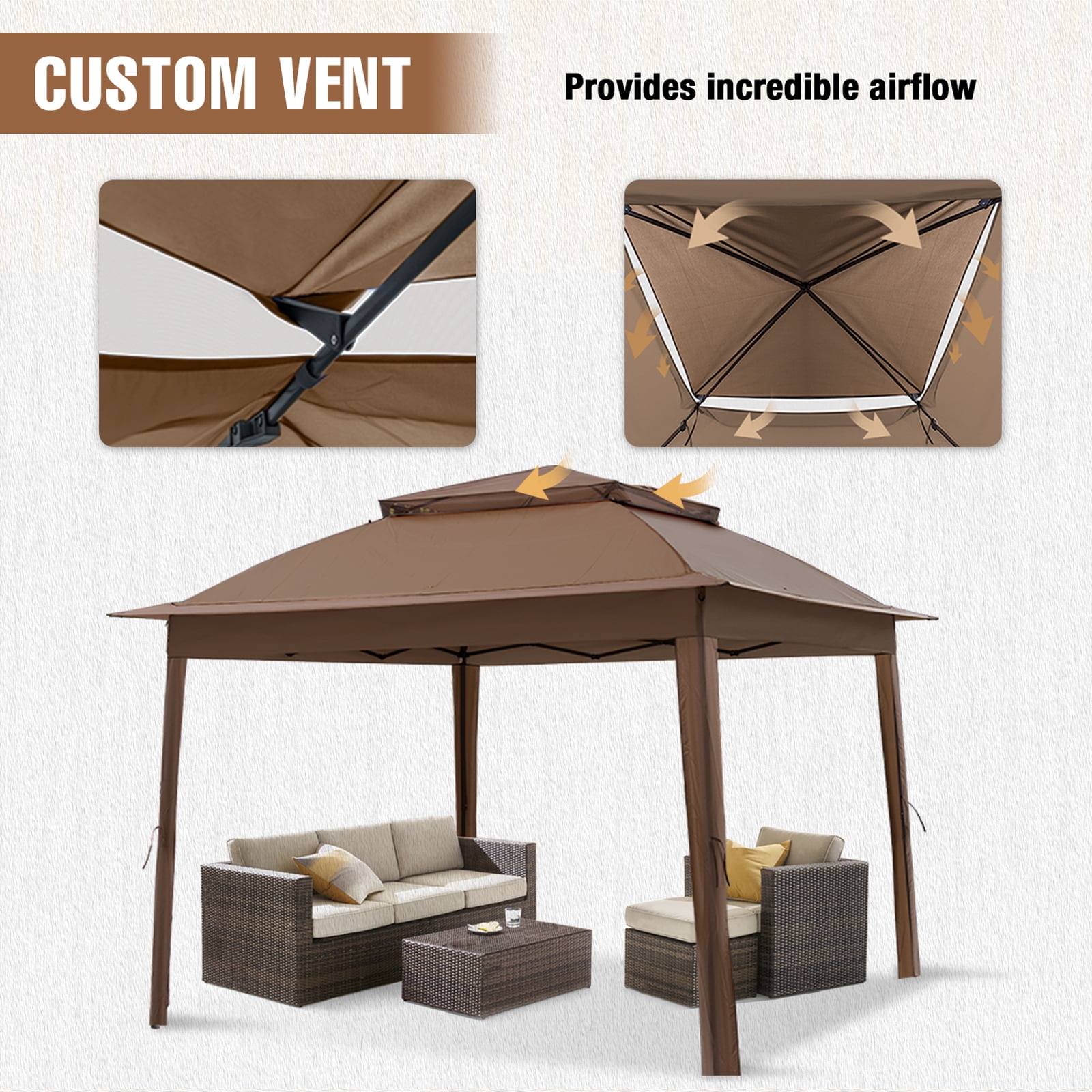 INTER HUT 11x11 Outdoor Pop up Gazebo Tent with Mesh Walls for Patio, Lawn, Backyard and Deck, Brown