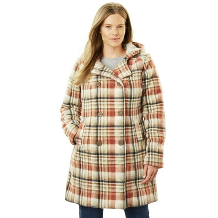 Womens Hooded Peacoat - Plus Size Double-breasted Hooded Fleece Peacoat