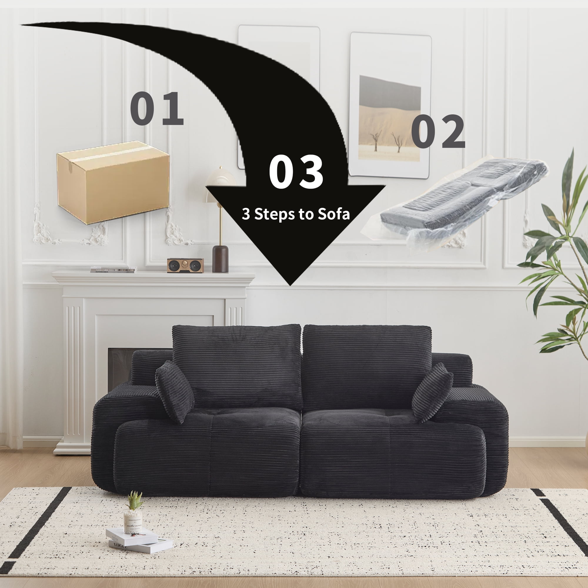 Miniyam 84" Corduroy Modular Sofa Couch with Cushions, Convertible Sectional Seating for Living Room, 1200 lbs Capacity, No Assembly, Black