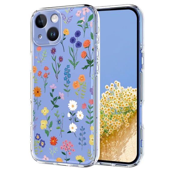Compatible with iPhone 14 Case Clear with Flower Design, Cute Soft Silicone TPU Floral Aesthetic Women Girls Transparent Protective Shockproof Anti-Scratch Anti-Yellow Phone Cover, B