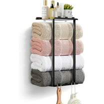 Towel Racks for Bathroom Towel Holder with Shelf & 6 Hooks,Space Saving Vertical Hanging Towel Rack, Sturdy Metal Wall Mounted Towel Storage Rack for Rolled Towels Organizer