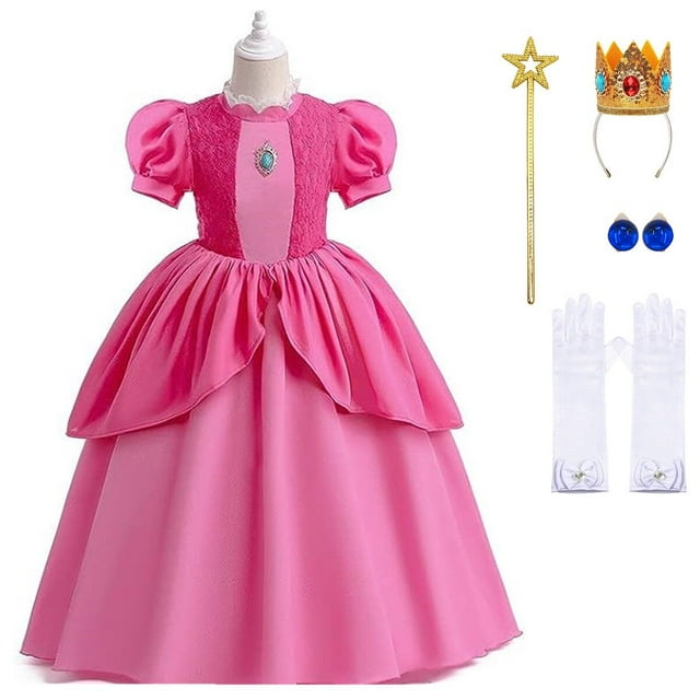 HAWEE Costume de Pêche Filles Champignon Princess Peach Robe pour Anniversaire Halloween Cadeaux de Fête Tenue avec Accessoires