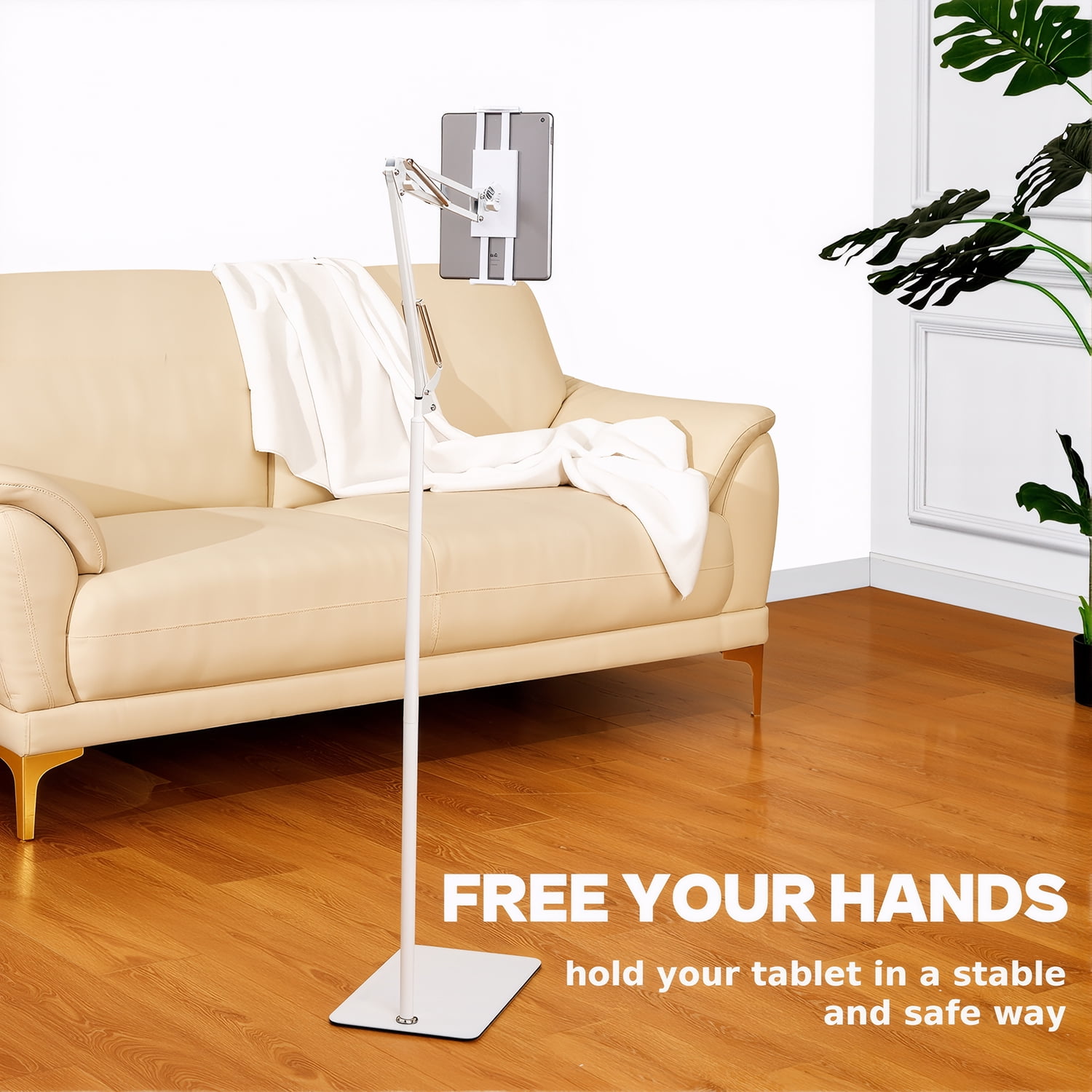 Hanru Tablet Floor Stand, 69" Height Adjustable 360-degree Rotatable Tablet Holder, Arm Stretchable Stand, Overhead Bed Phone Mount（4"~12.9''), White