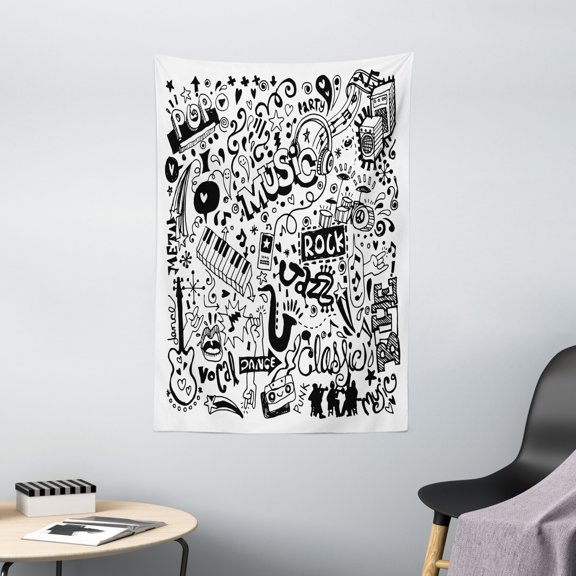 Doodle Tapestry, Music Collection with an Abstract Drawing Rock Jazz Blues Genre Classic Dancing, Wall Hanging for Bedroom Living Room Dorm Decor, 40W X 60L Inches, Black White, by Ambesonne