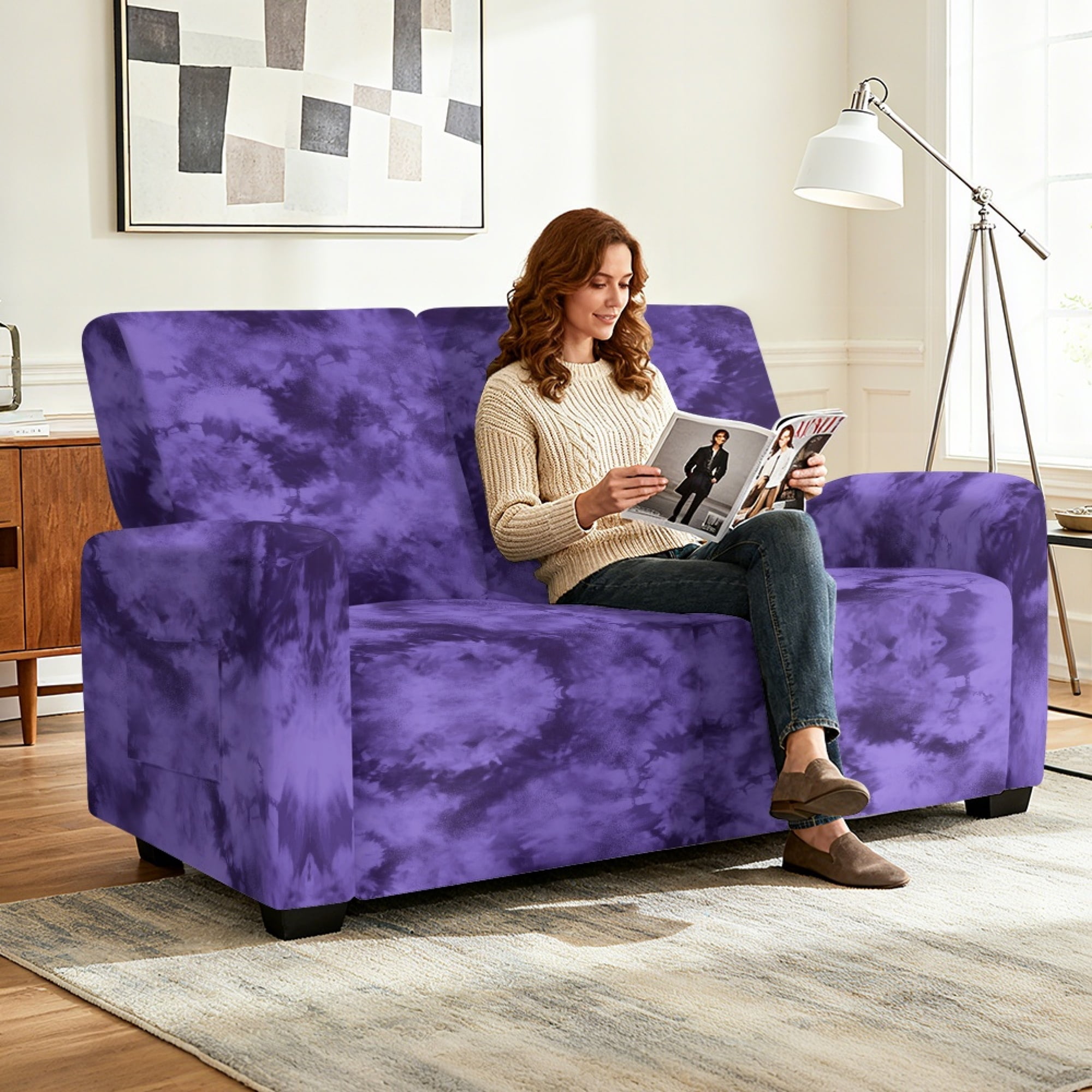 TSOVTHRID Purple Tie Dye Print Loveseat Covers 6-Piece Stretch Furniture Protector Non Slip Couch Slipcover for Dogs Pets Loveseat Slipcover Stay in Place