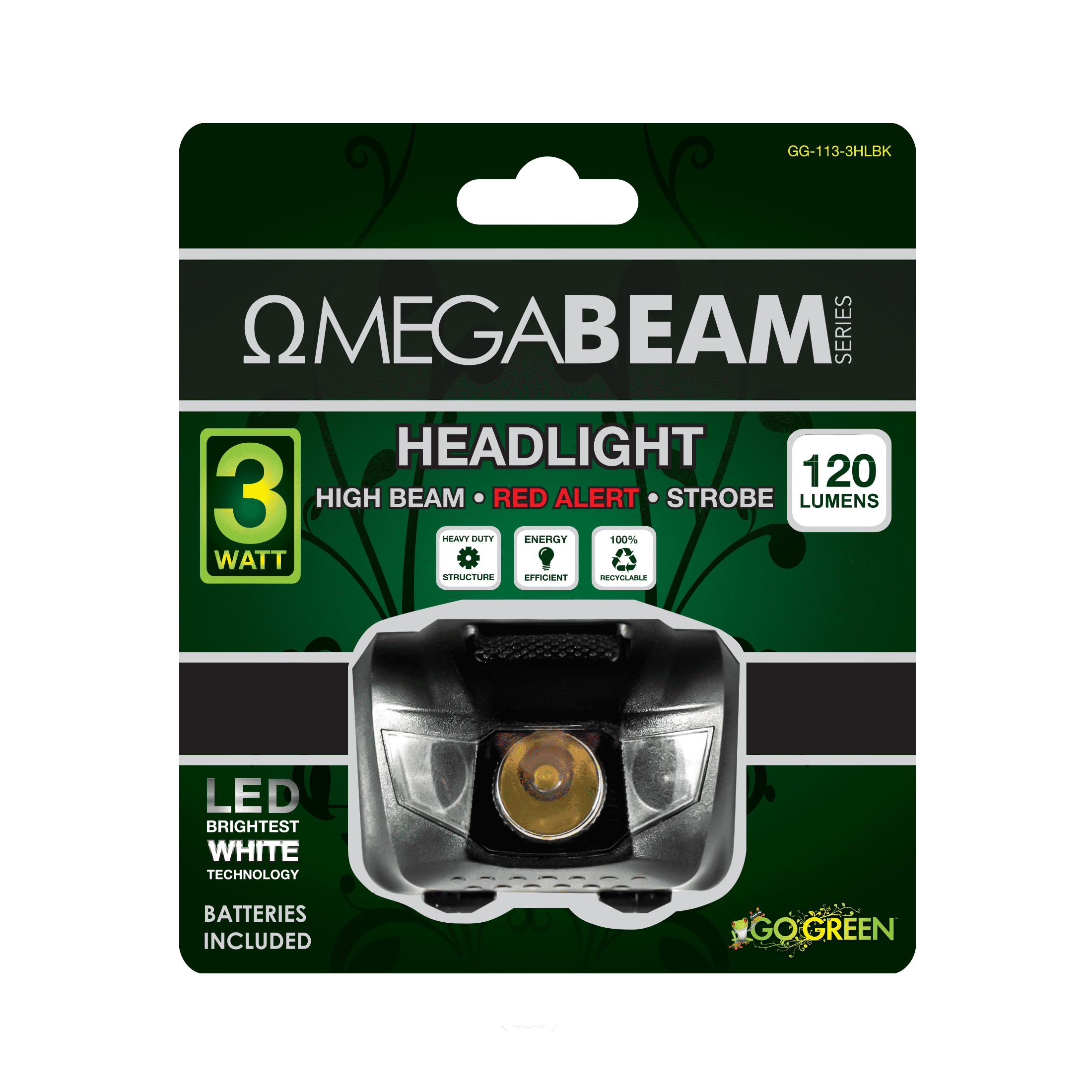 GoGreen Power 3-Watt LED 120 Lumen Headlight, Black -  AAA batteries included