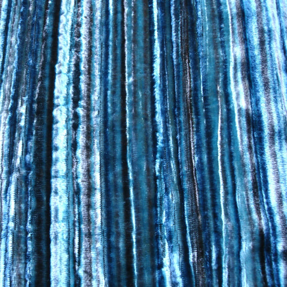 Fabric Mart Direct Aqua tones Velvet Fabric By The Yard, 44 inches or 111 cm width, 18 Continuous Yards Blue Velvet Fabric, Aqua Swirls, Pin Stripes Technique, Upholstery Drapery Curtain Wholesale