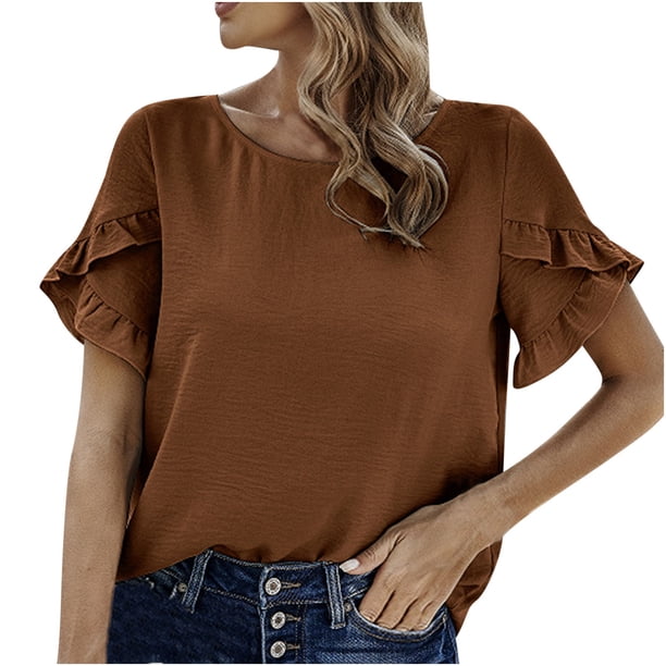 Top de cuello redondo de manga corta con encaje de color liso para primavera y verano para mujer OAVQHLG3B Store lin121212
