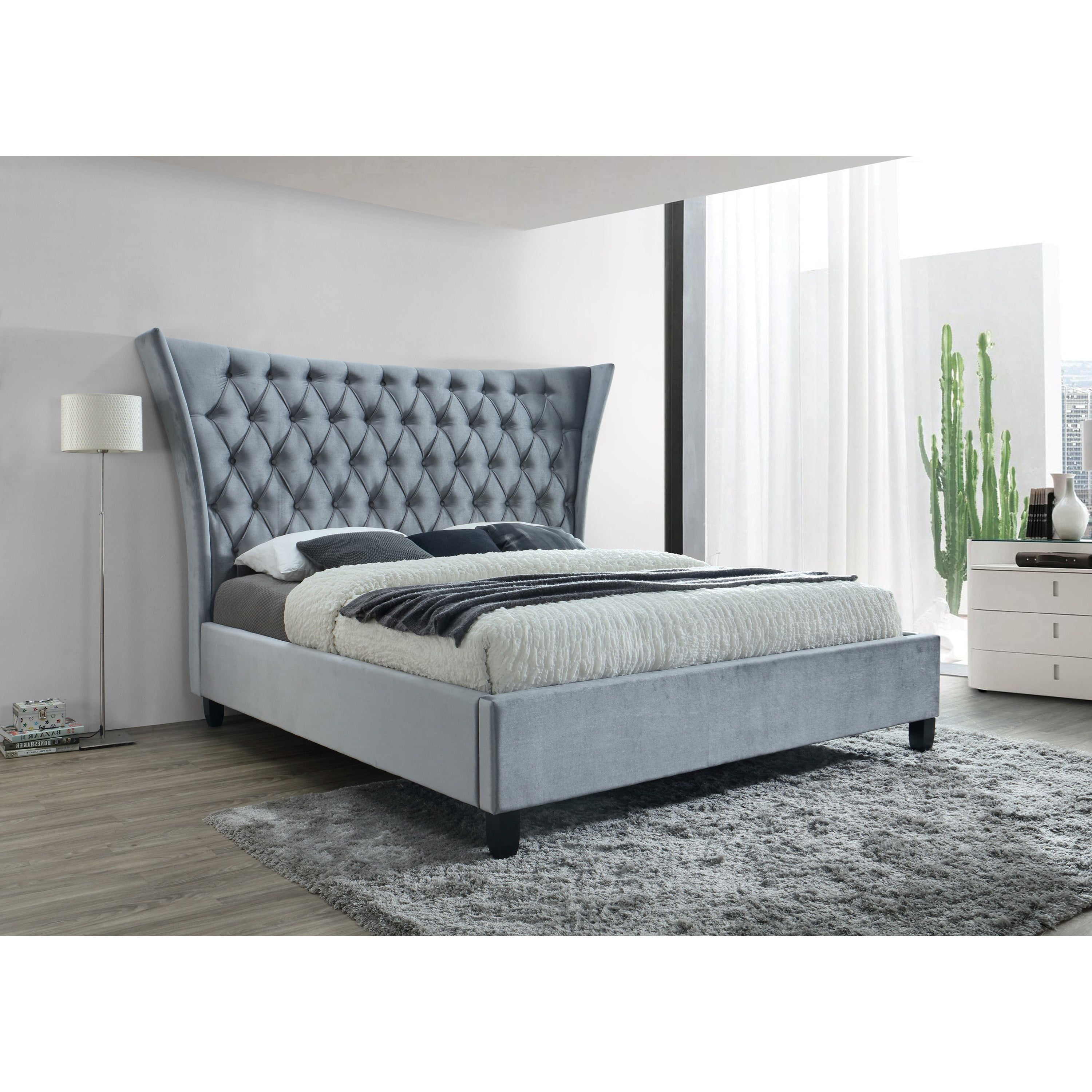 Tufted Headboard King Size Upholstered Bedroom Furniture Modern Gray Fabric New