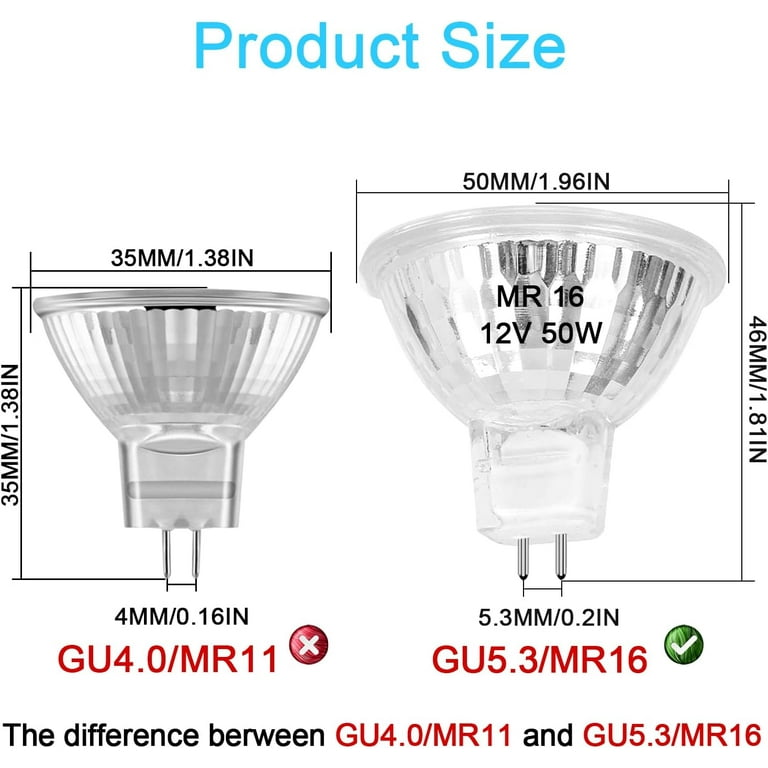 MR16 Halogen Light Bulbs – 12V 50W, Dimmable, G5.3 Bi-Pin Base, 2700K Warm White, 4-Pack, With Glass Cover, For Landscape, Track, Desk Lamps