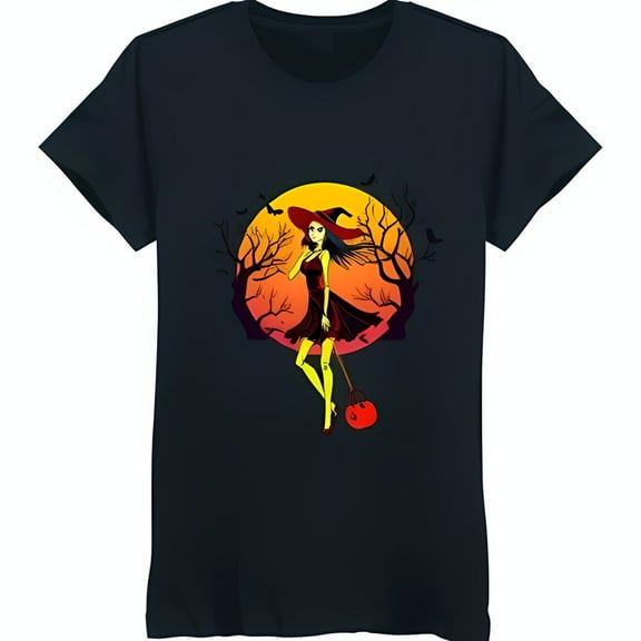 Spooky Witch Graphic Black T-Shirt for Halloween Colorful Sunset Moon Design