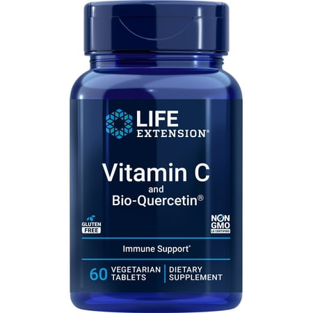 Life Extension Vitamin C and Bio-Quercetin  cardiovascular health supplement  immune support  highly absorbable  quercetin  vitamin C  gluten free  non-GMO  vegetarian  60 tablets