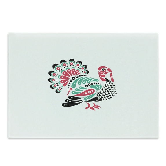 Turkey Cutting Board, Thanksgiving Themed Animal Design with Paisleys Ornamental Elements, Decorative Tempered Glass Cutting and Serving Board, Large Size, Sea Green White, by Ambesonne