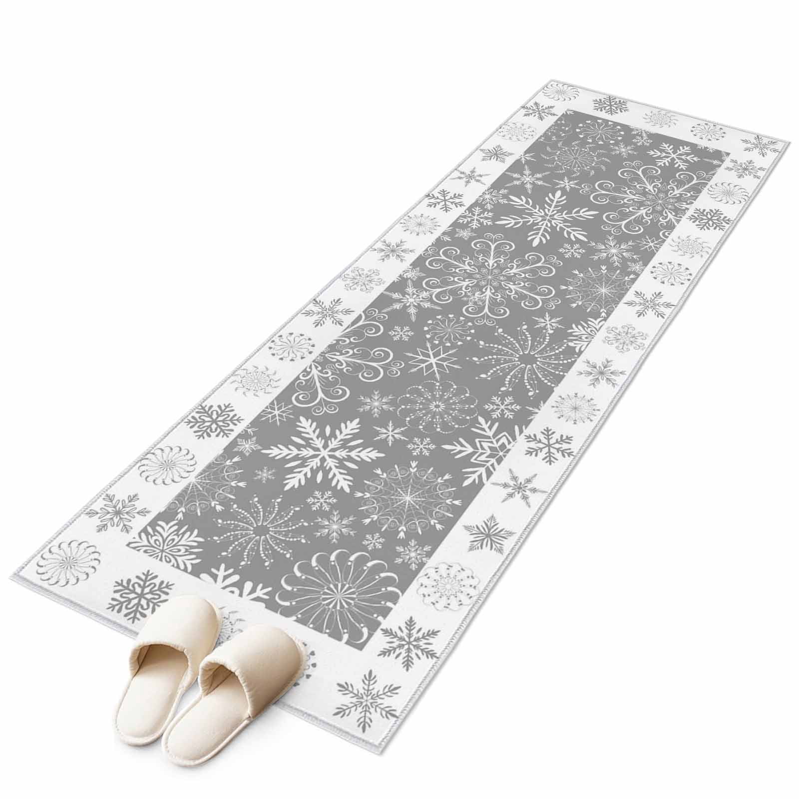 Snowflakes Christmas Kitchen Runner Rug 2x6 Washable Runners for Hallway Non Slip Grey Xmas Winter Vintage Large Area Rug Indoor Floor Carpet for Bathroom Laundry Entryway Bedroom Living Room