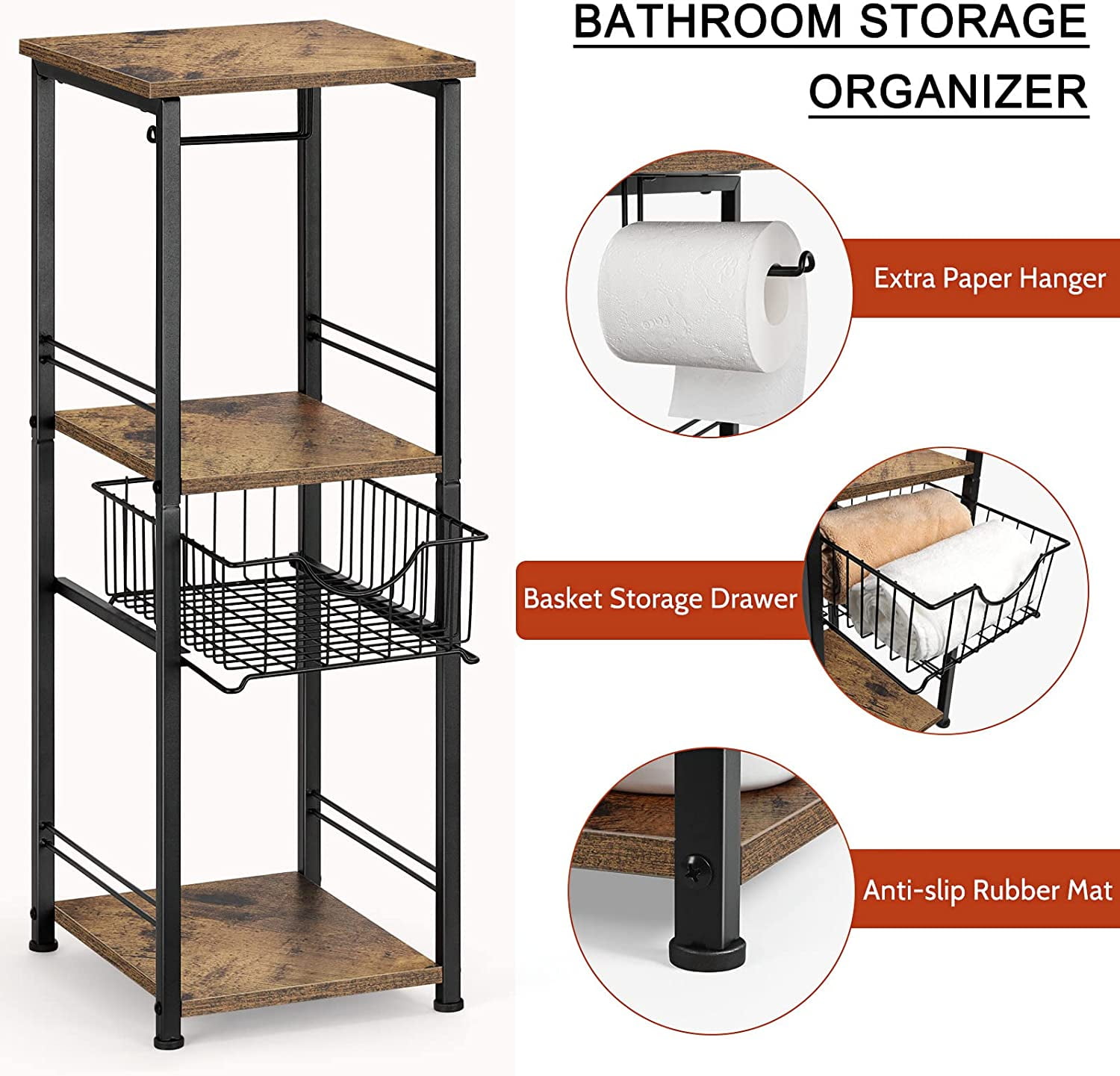 Freestanding Bathroom Shelf with Drawer Toilet Paper Storage Stand Organizer, Black