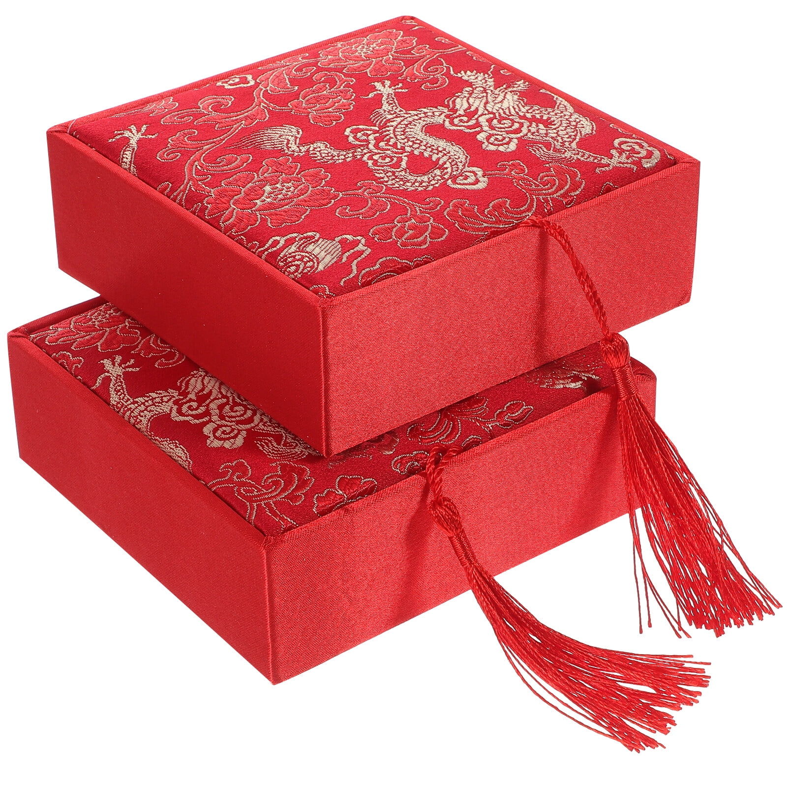 NUOLUX 2 Pcs Chinese Style Brocade Gift Box Satin Jewelry Case Rosary  Bearer Bracelet Container Bangle Holder for Display - Golden Loong Pattern  (Red Background) 