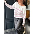thumbnail image 6 of Women'S Crew Neck Cropped Sweater Fall Long Sleeve Chunky Knit Pullover Sweater Tops Pink & White S, 6 of 7