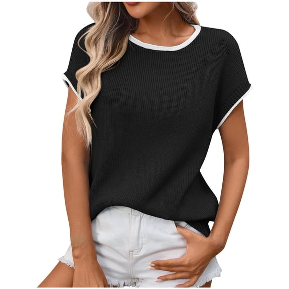Fengactive Women's Summer Short Sleeve Ribbed Knit Slim Fit T Shirt Crewneck Basic Casual Color Block Tee Tops