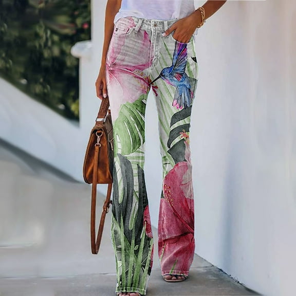 YUNAFFT Women High Waist Casual Wide Leg Long Pants Womens Elastic Waist Stretch Buttons Printing Thin Stretch Skinny Pants Trousers