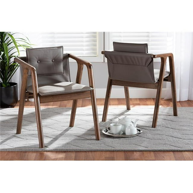 Wholesale Interiors RDC828-Grey-Walnut-DC Baxton Studio Marcena Mid-Century Grey Imitation Leather Upholstered Wood Dining Chair Set, Walnut Brown - Pack of 2