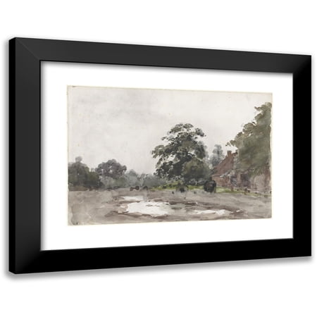 Julius Jacobus van de Sande Bakhuyzen 14x11 Black Modern Framed Museum Art Print Titled - Farm Under Tall Trees with Water in the Foreground (1845 - 1925)