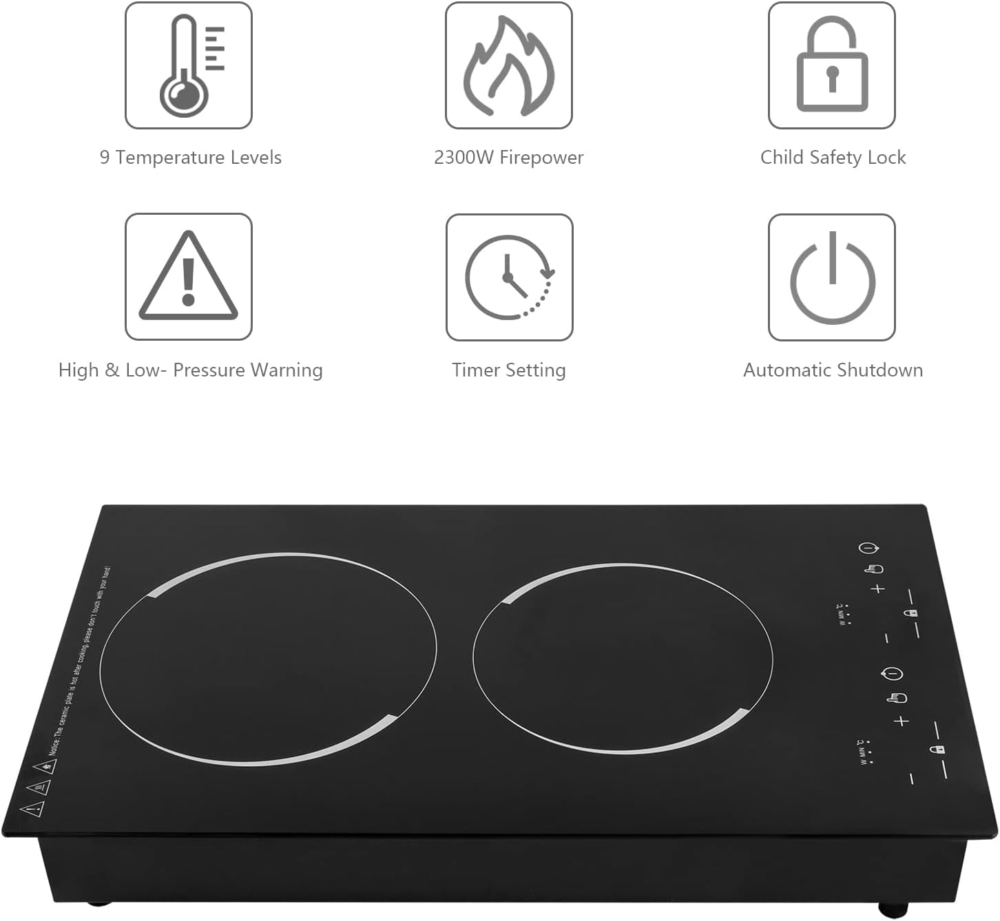 Electric Cooktop 2 Burner Portable Induction Cooker with Burner Independent Control Ultrathin Body 9 gears Temperature 1200W+1100W-Multiple Power Levels 110V-120V (for Pot 10.24in)