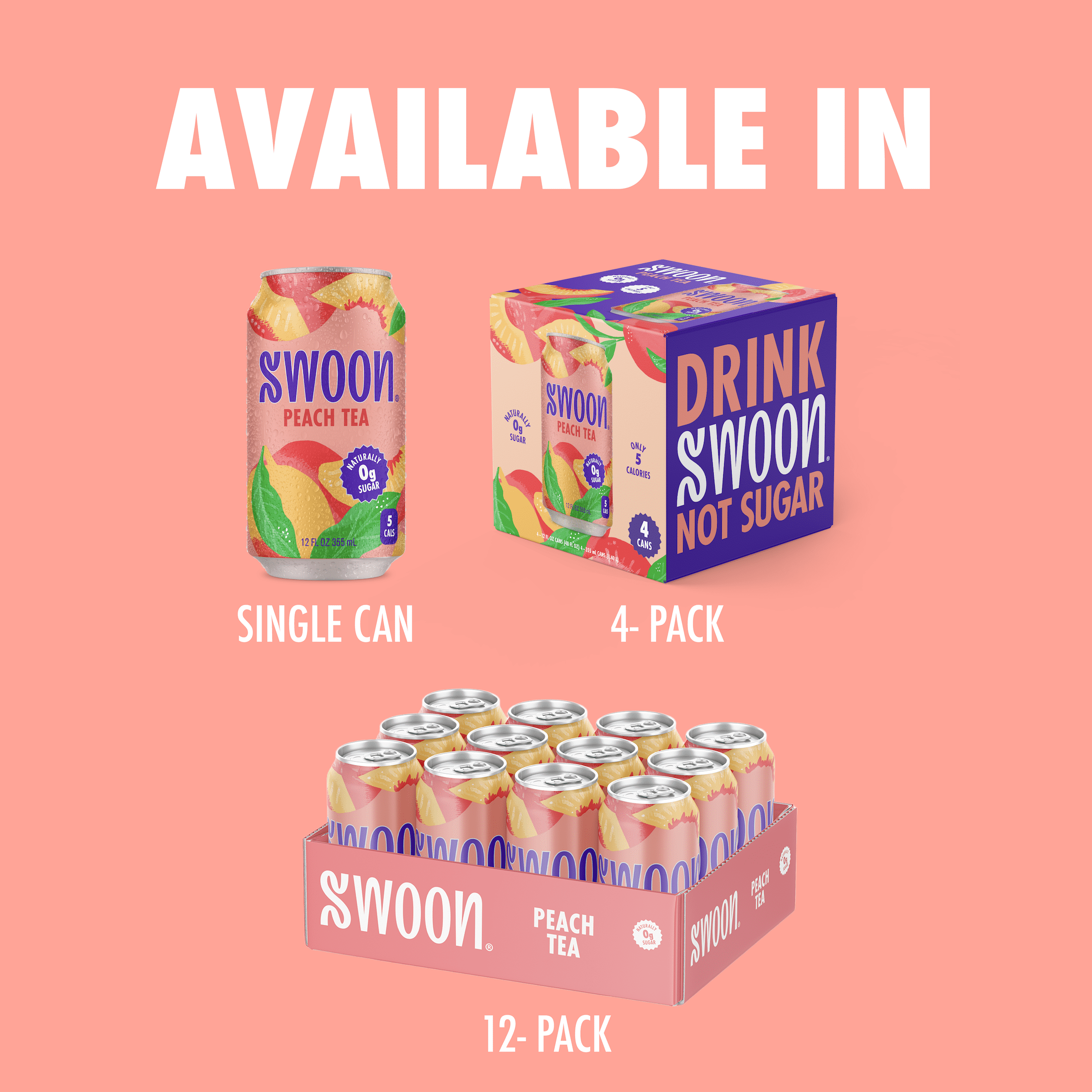 (12 pack) Swoon Zero Sugar Peach Tea, 5 Calories, Sugar Free, 12 fl oz Can