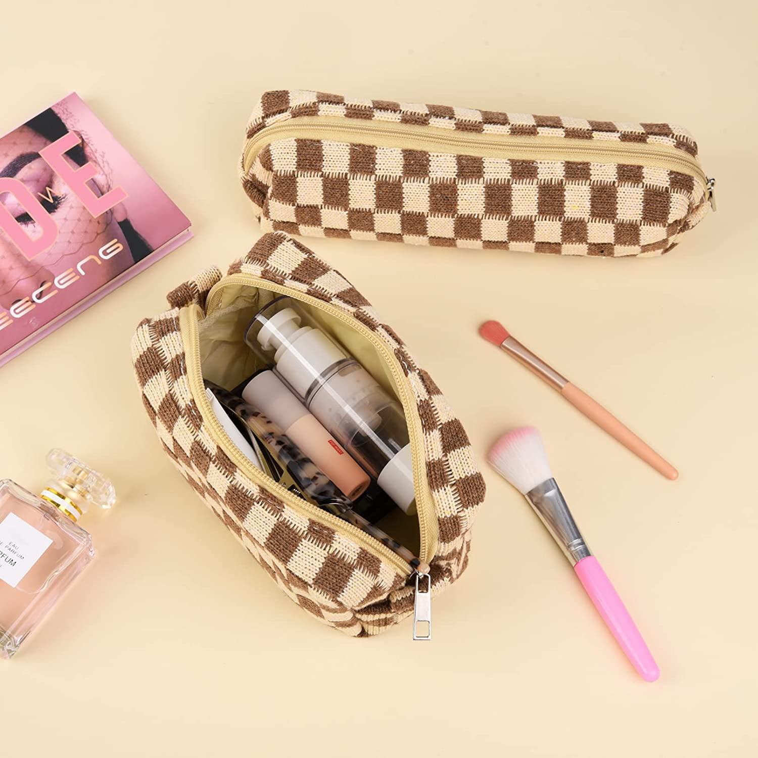Lumento Black Checkered Makeup Bag,Travel Storage Cosmetic Bag,PU