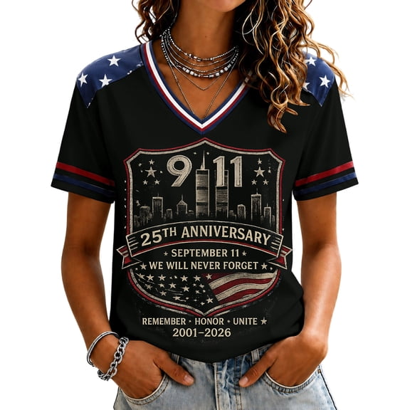 Womens 9/11 25th Anniversary T Shirt | Never Forget Remember Honor Unite Graphic Tee, Short Sleeve V Neck Top with Patriotic Remembrance Print, Casual Commemorative Apparel S