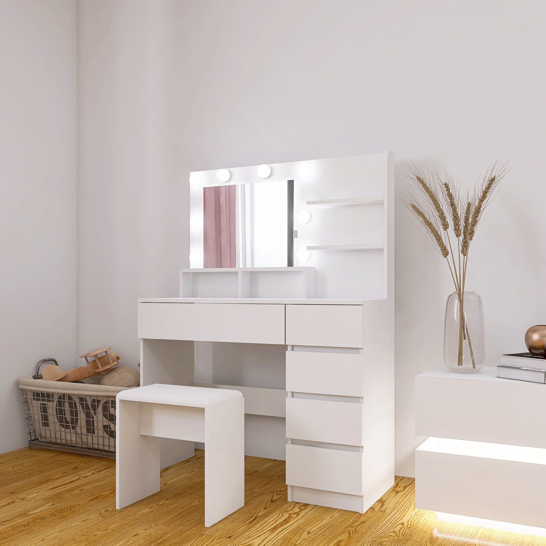 BaPiPro Vanity Desk Set with Lighted Mirror & Stool, White Makeup Vanity Table with 3 Lighting Modes & Adjustable Brightness, Large Storage Dressing Table for Bedroom