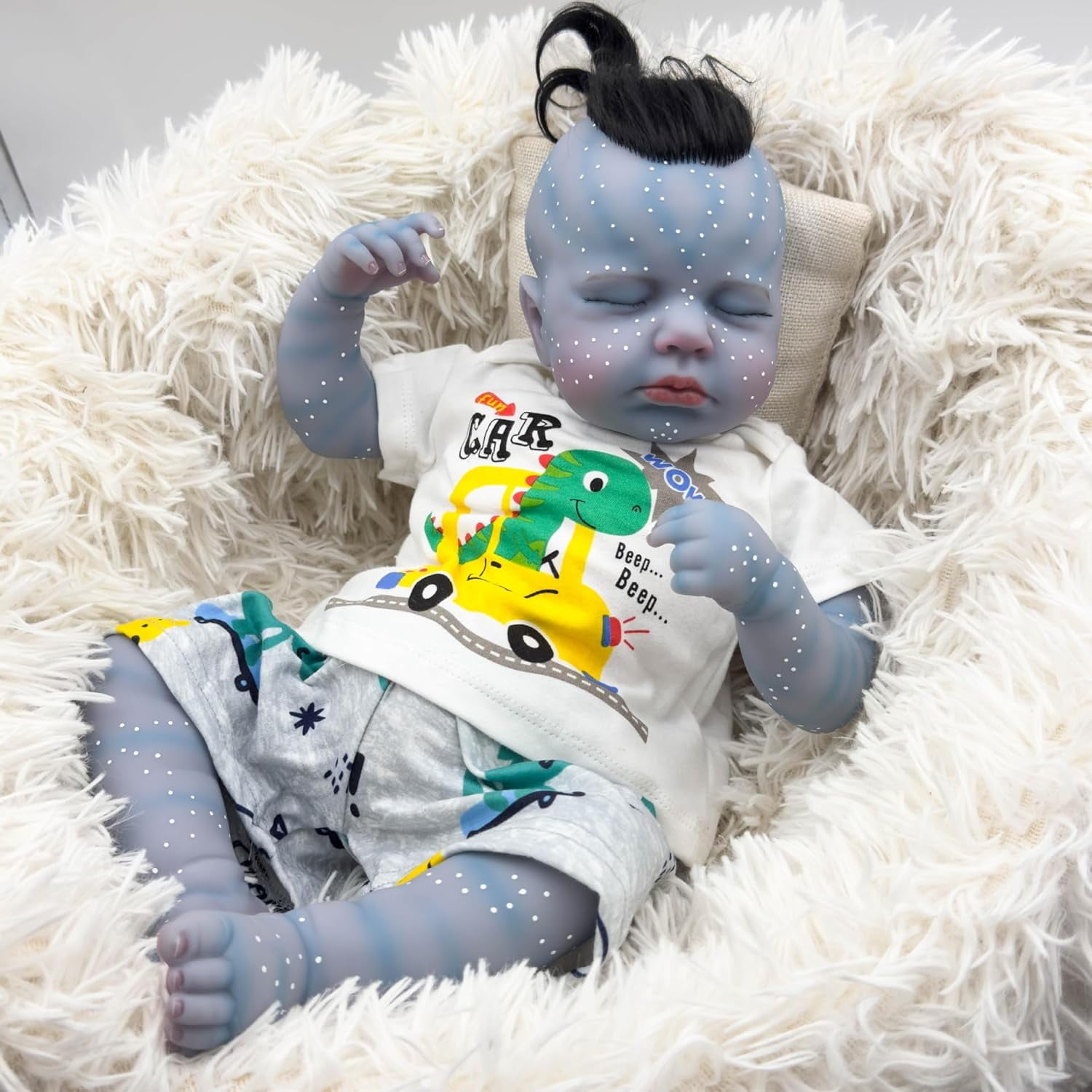 19 Inch Realistic Full Vinyl Avatar Baby Doll Soft Cloth Body Lifelike Reborn Baby Dolls Blue Skin Cute Sleeping Newborn Boy Baby Doll Toy Accessories Gift Set