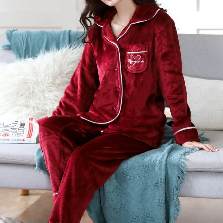 RQYYD Clearance Winter Warm Fleece Plush Pajamas Set for Women Super Soft  Flannel Lounge Homewear Lapel Button Down Tops and Pant Sleepwear