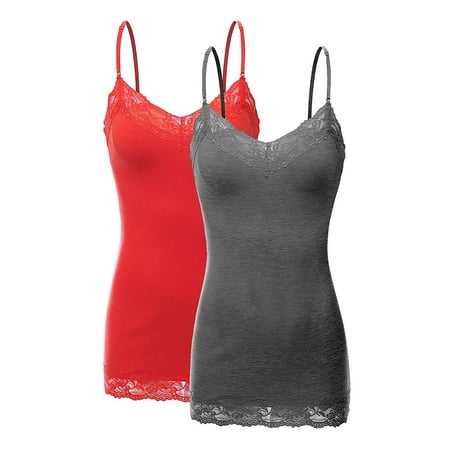 Lace Trimmed Cami - Women's Junior and Plus Adjustable Spaghetti Strap Lace Tim Cami Tank Top