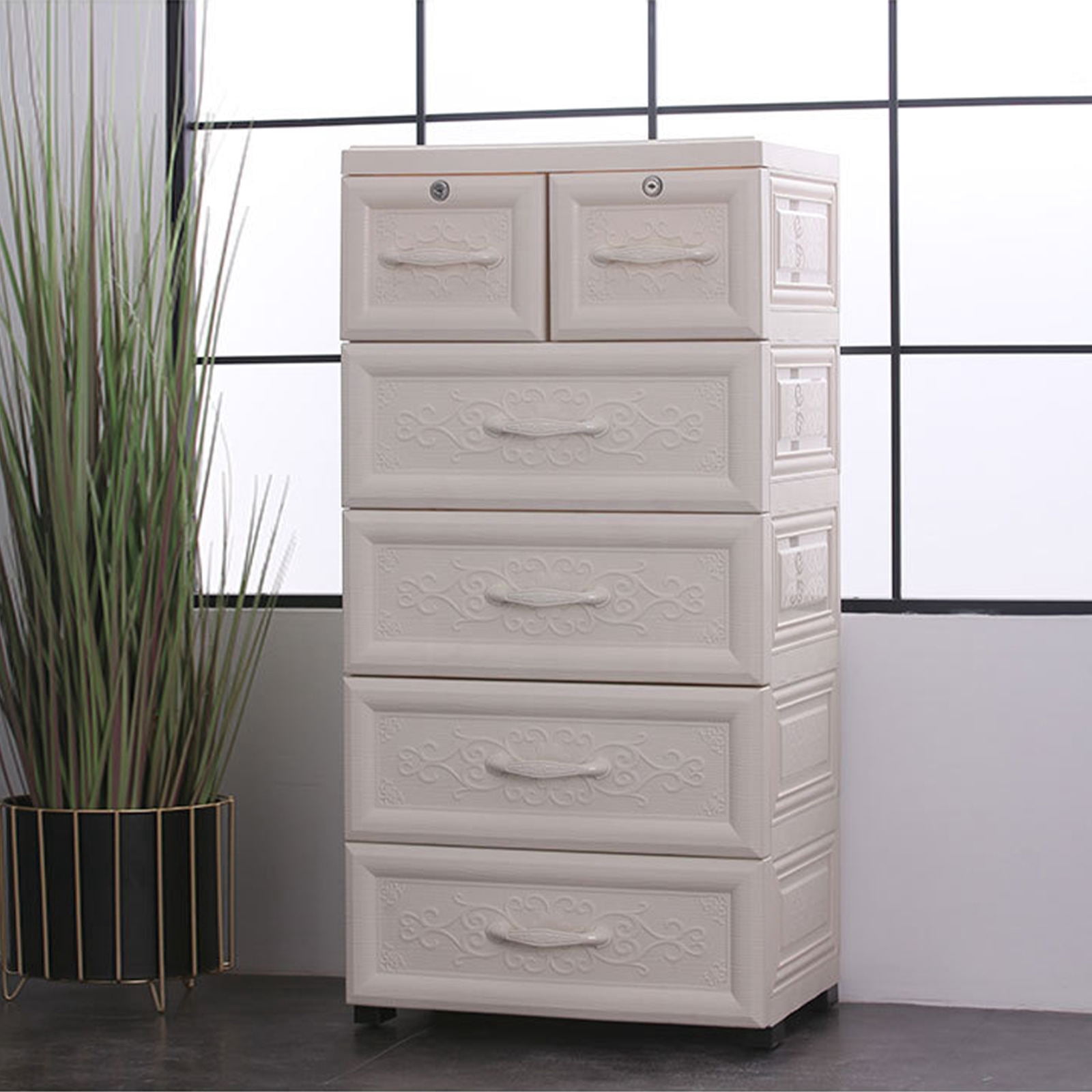 Wuzstar 6 Drawer Storage Cabinet Drawers Plastic Large-capacity Nightstand Chest Dresser W/Silent Rollers