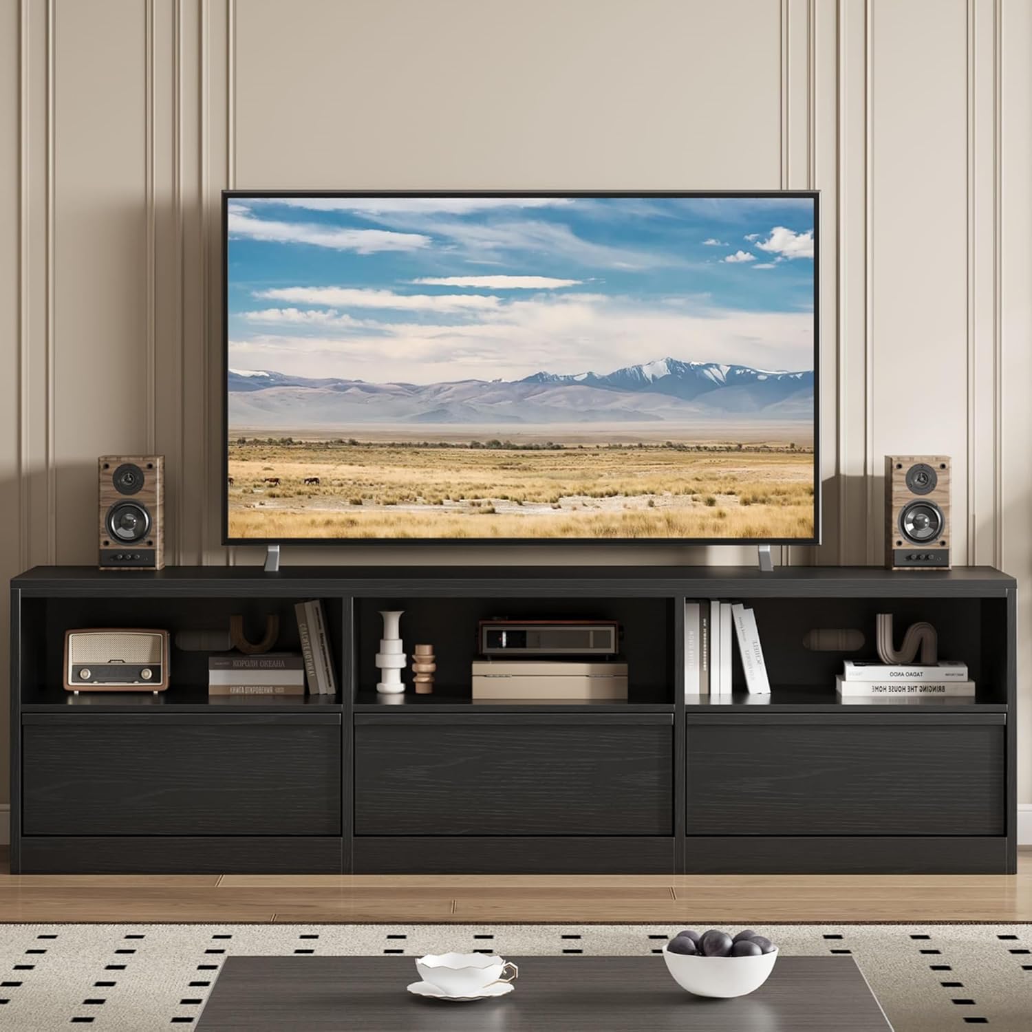 Garvee 70" TV Stand for TVs up to 85", Mid Century Modern Entertainment Center with Drawer, Open Shelves & Cable Management, Black