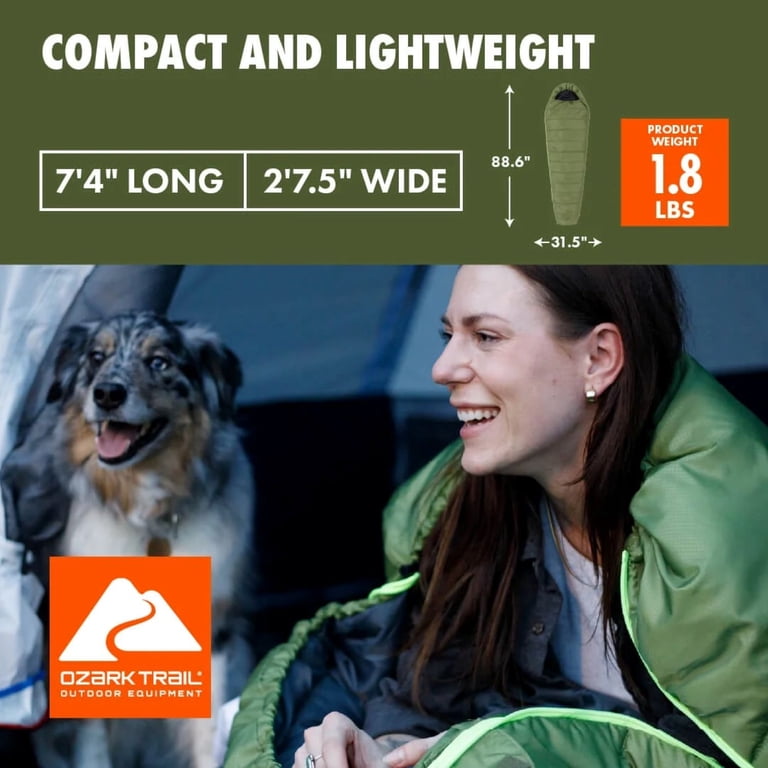 Ozark Trail Sleeping Bag 50F Compact Mummy Green 88.6x31.5 inches