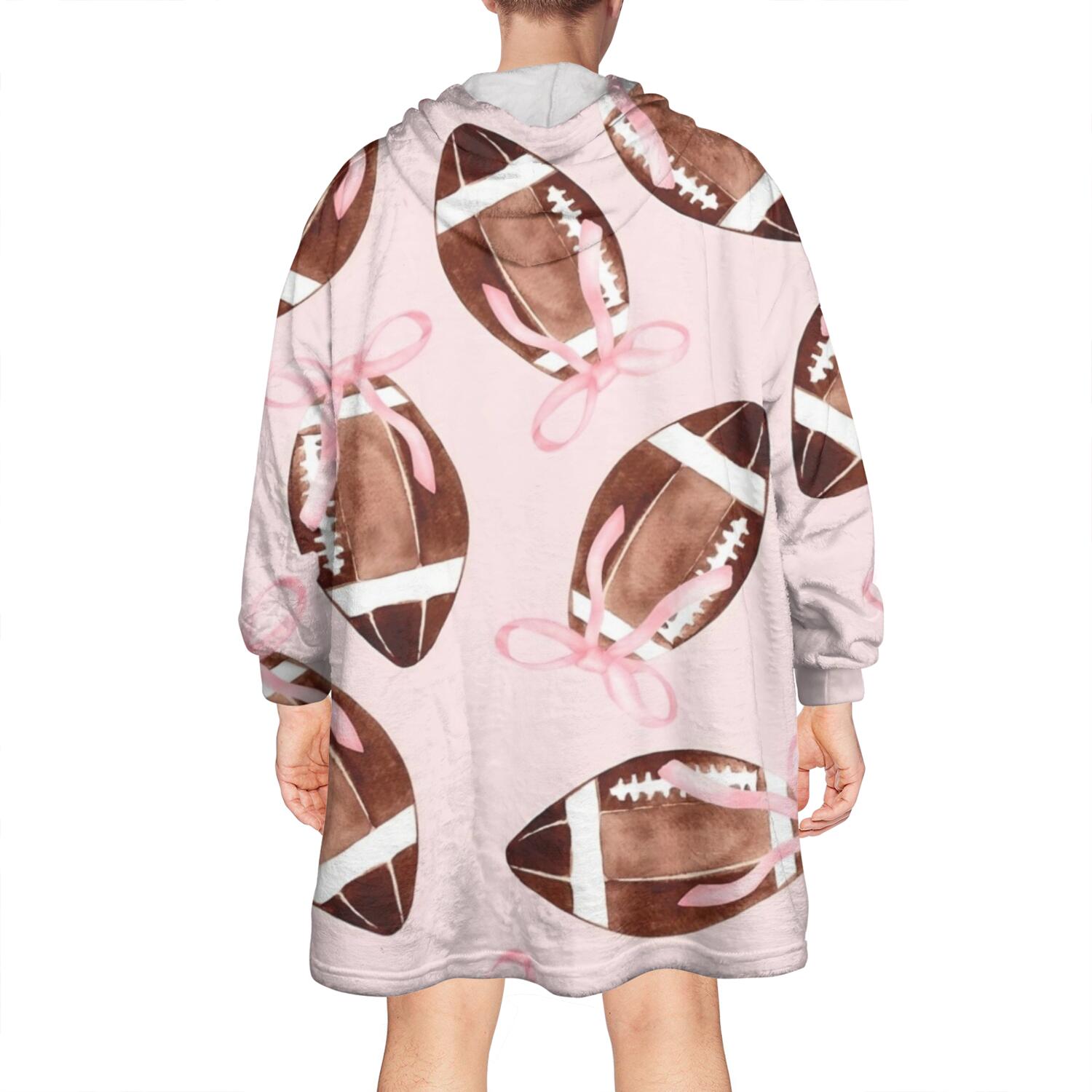 Pink Footballs with Bows Pattern Wearable Oversized Blanket,Wearable Blanket Hoodie for Adults,Cozy Hooded Blankets with Super Pockets,Super Warm Fuzzy Pullover for Women & Men