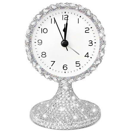 Bling Vintage Table Clock On Stand Decorative Desk And Shelf Non-ticking Metal Frame With Glitter Rhinestones For Office Living Room Or Bedroom