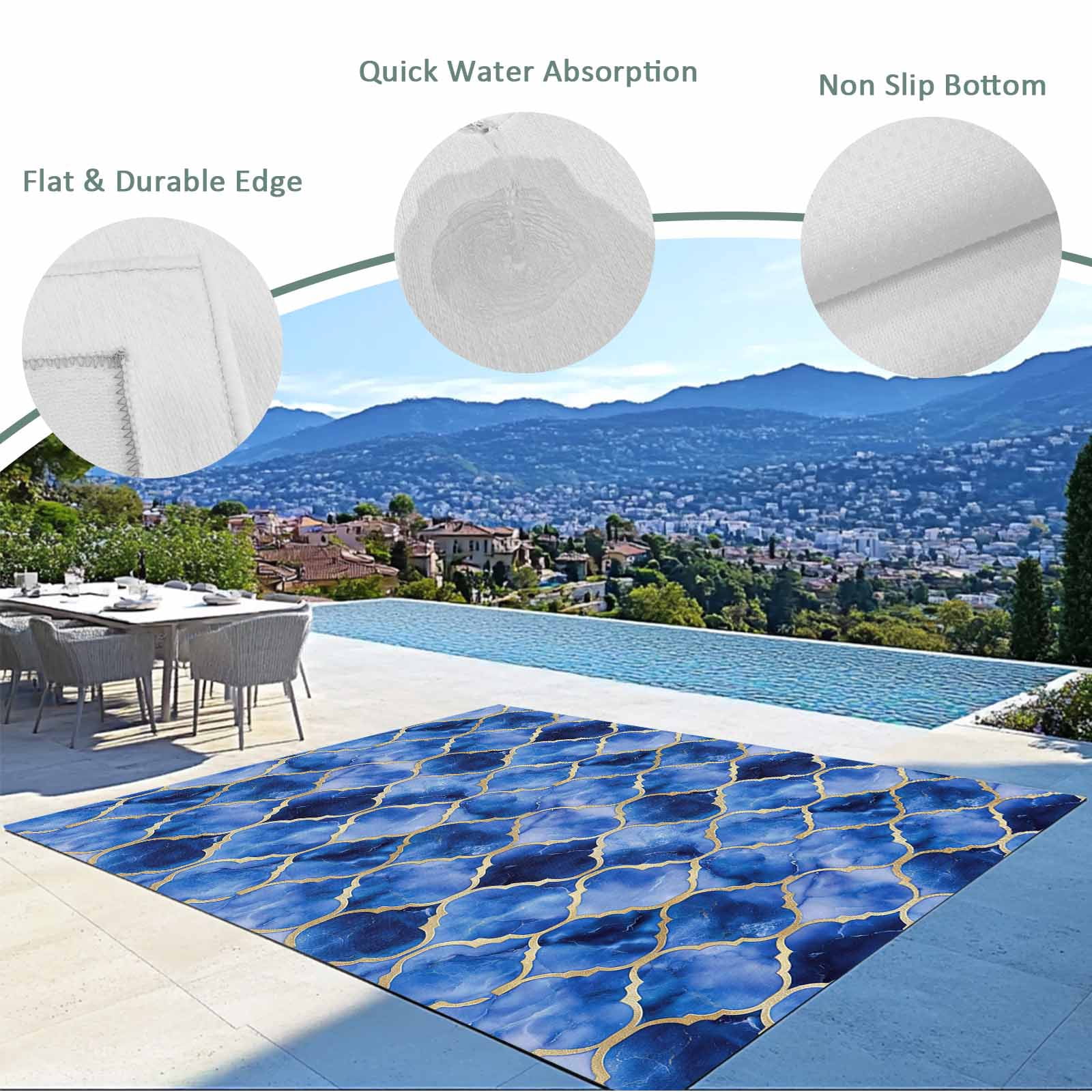 Outdoor Rug 3x5 ft Peacock Blue White Marble Outdoor Large Area Rug Non Slip Rubber Lattice Modern Art Front Door Mat RV Rug Camping Carpet Patio Outdoor Rugs for Backyard Balcony Deck Porch Indoor