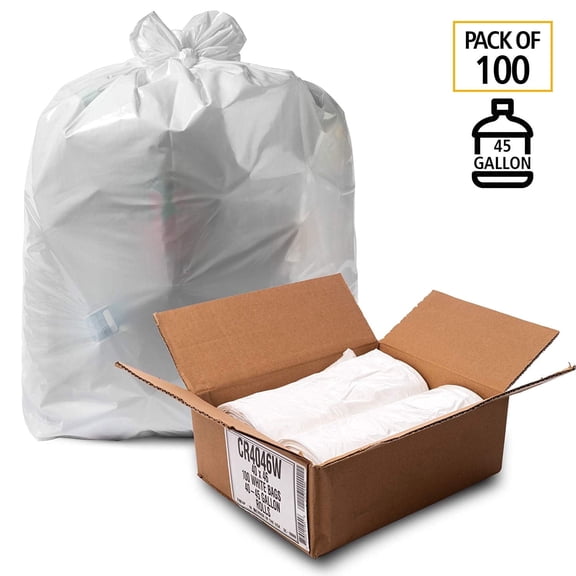 Aluf Plastics 45 Gallon Trash Bags, 40" x 46" , White (Pack of 100) - For Bathroom, Household, Office, and Lightweight Garbage - Coreless Rolls