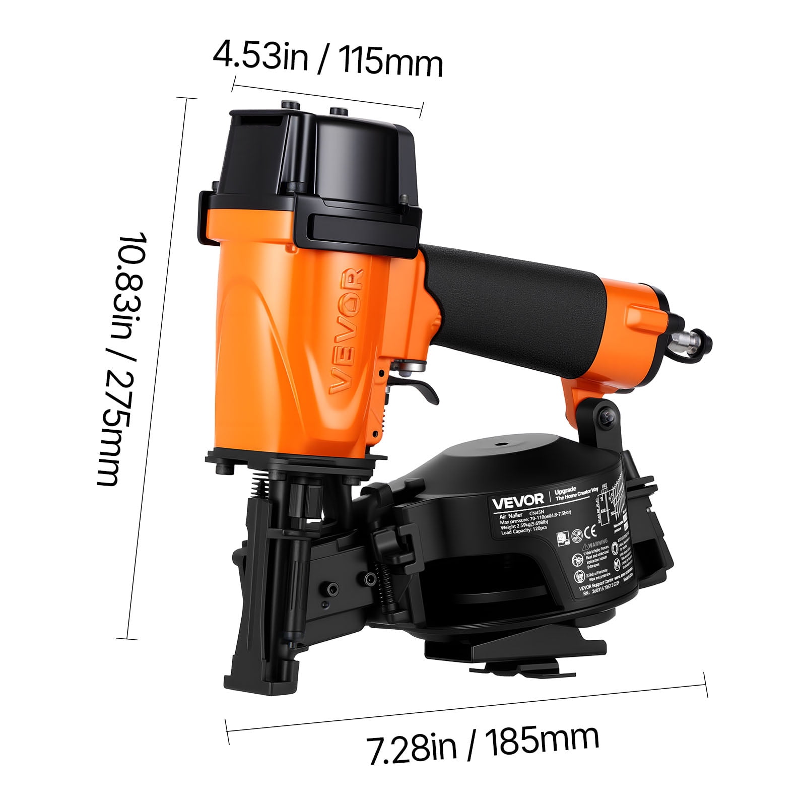 VEVOR Professional Roofing Nailer CN45N, 3/4" to 1-3/4" 15 Degree Air Roofing Nail Gun, 4–5 Nails/S Ultra-Fast Nailing, 70-110 PSI Pneumatic Coil Nailer for Asphalt Shingles, Roof Sheathing