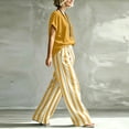 thumbnail image 6 of Womens Casual 2 Piece Outfit Round Neck Solid Tee Striped Pocket Elastic Waist Loose Long Pants Yellow XL(XL), 6 of 6