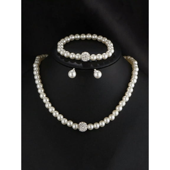 EOEMY 1Set Chic & Elegant Cultured Faux Pearl Jewelry Set For Women Bracelet,-Default