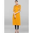 thumbnail image 3 of Janasya Indian Mustard Poly Crepe Gold Print A-line 3\4 Sleeves Round Neck Calf Length Kurta for Women, 3 of 8
