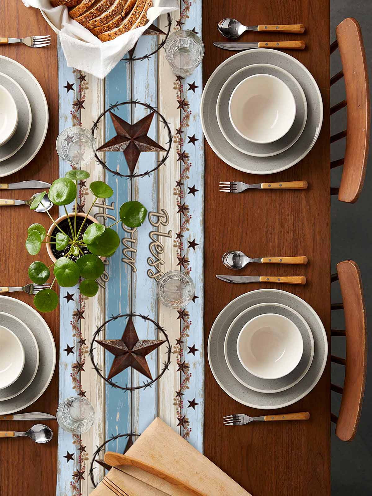 nqOlkjepod Country Star Blue Table Runner 70 Inches Long Farmhouse Dress Scarves, Farmhouse Western Texas Star Barn Dining Tablerunner for Coffee Table/Kitchen Island/Party Décor, 13" x 70"