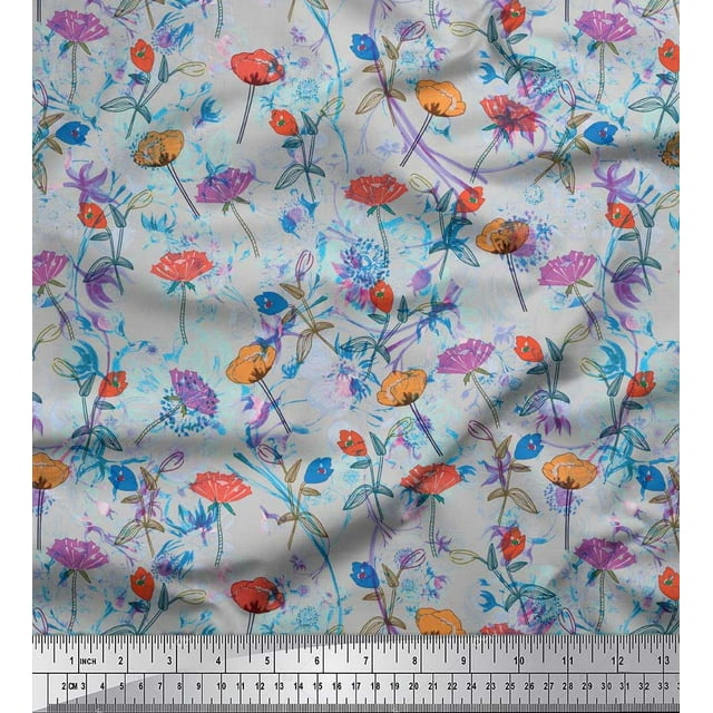 Soimoi polyester Crepe Fabric Leaves & Floral Artistic Print Fabric by the Yard 52 Inch Wide