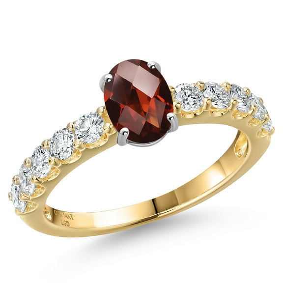 Gem Stone King 14K Two Tone Gold Red Garnet and Lab Grown Diamond Engagement Ring for Women | 1.65 Cttw | Oval Checkerboard 7X5MM | Gemstone January Birthstone | Size 8