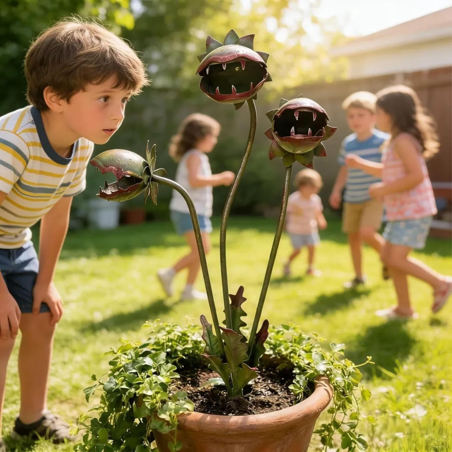 Metal Carnivorous Plant Garden Stake for Outdoor Decor, Funny Outdoor Yard Decor, Creepy Decorative Garden Sculpture Stake for Lawn, Unique Metal Art Ornament for Gift