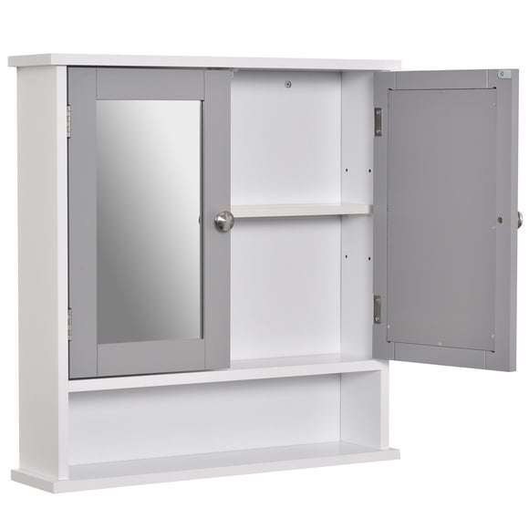 Kleankin Wall-Mounted Medicine Cabinet with Double Doors and Adjustable Shelf, White and Grey